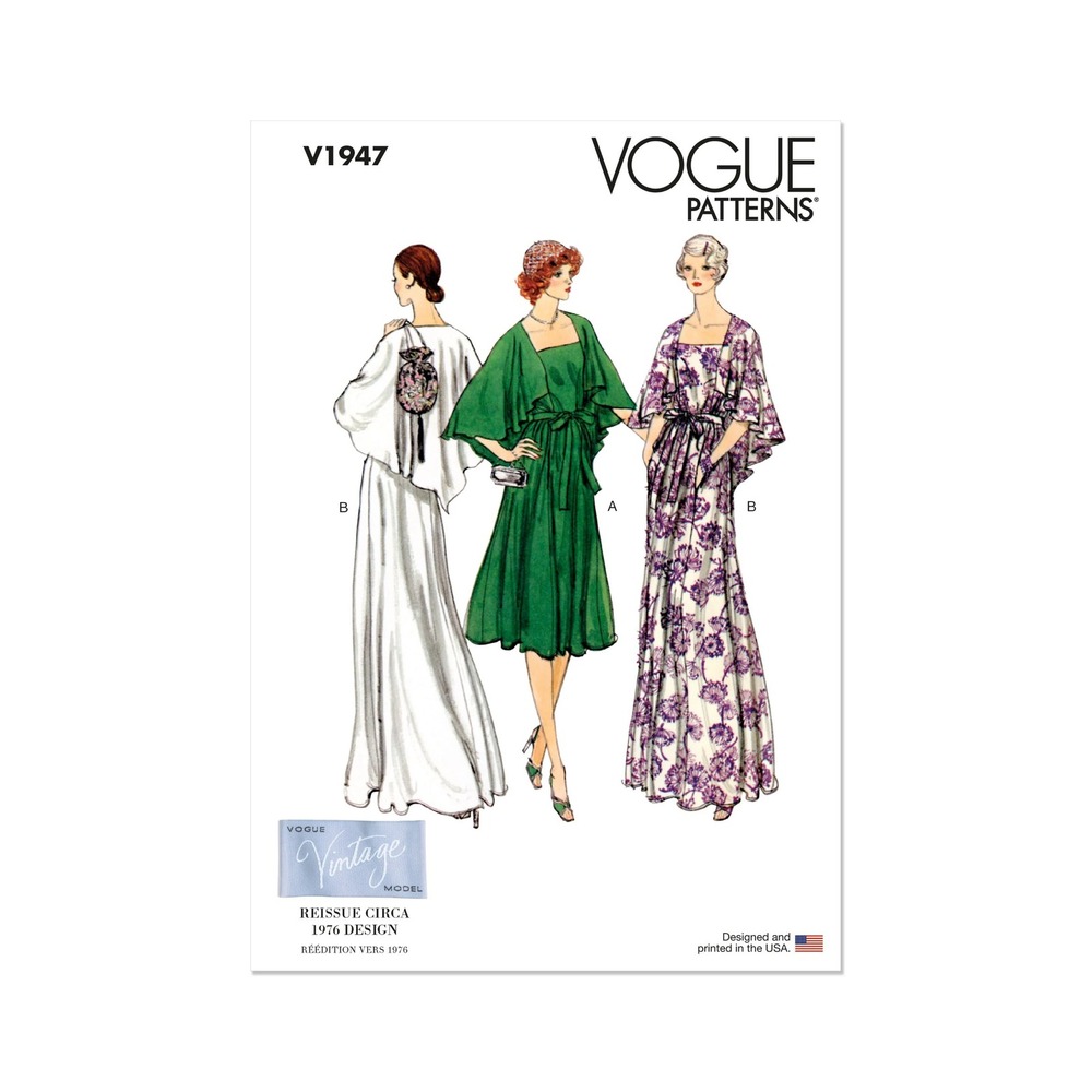 Vogue V1947 Sewing‎ Pattern Women Size 8-16 1976 Reissue Evening Cape Dress